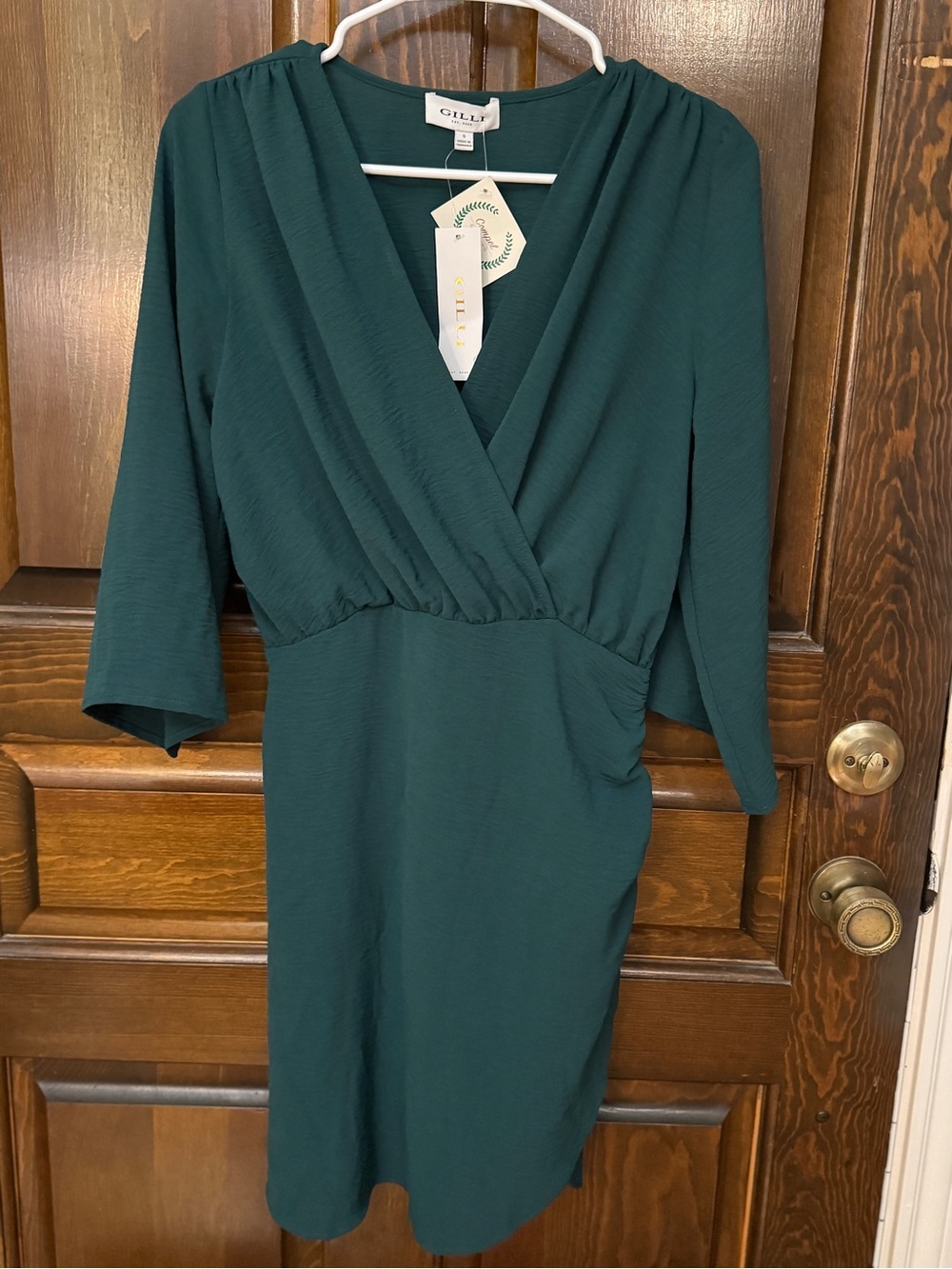 Gilli Teal Green Wrap V-Neck Long Sleeve Dress